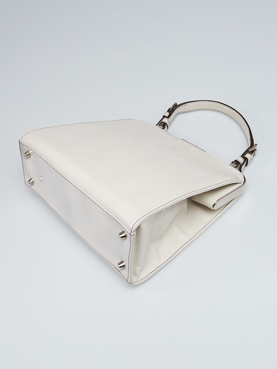 Prada Quarzo Spazzolato Logo Print Glossed Leather Frame Top