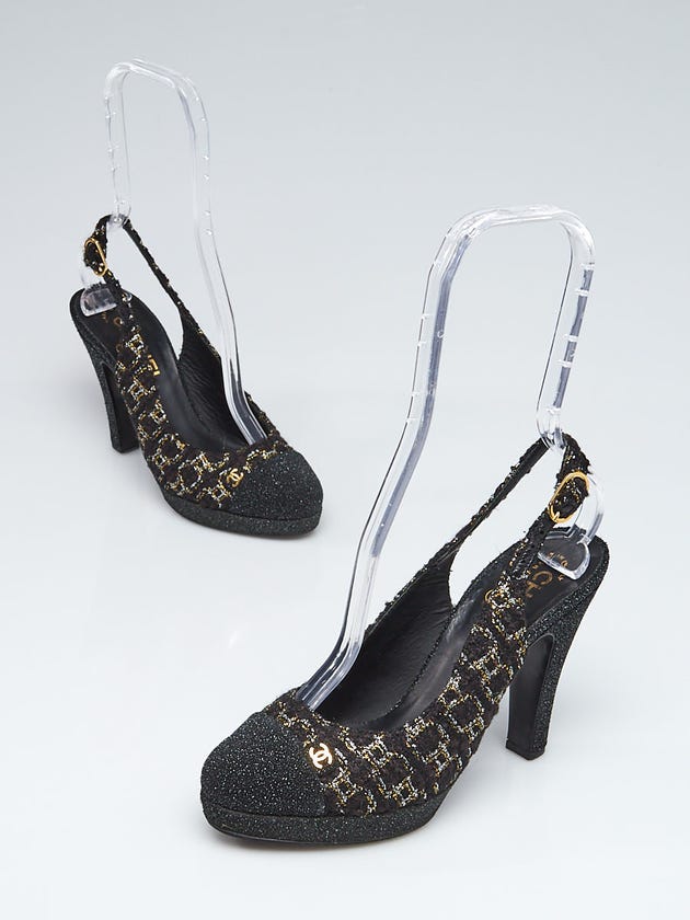 Chanel Black Fantasy Tweed CC Slingback Heels Size 6/36.5
