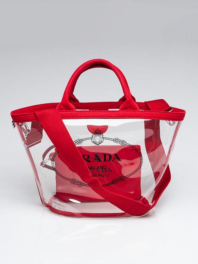 Prada Transparent Vinyl and Red Canvas Logo Beach Tote Bag 1BG166