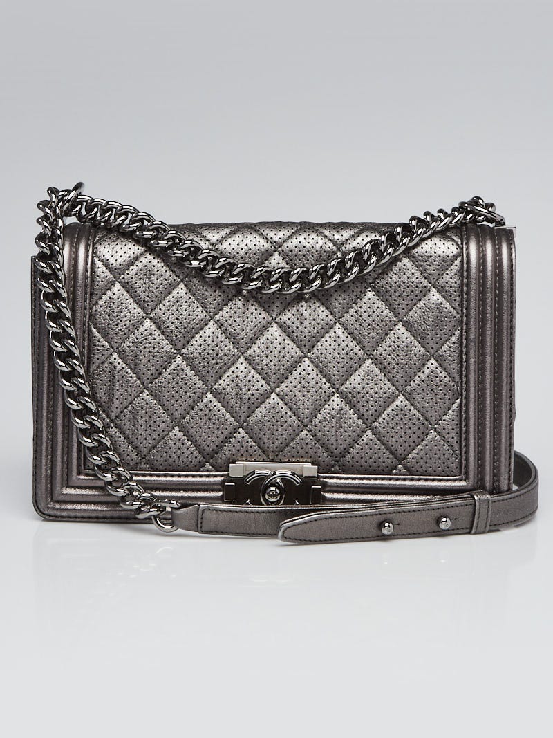 Chanel Dark Silver Perforated Quilted Leather Large Boy Bag - Yoogi's Closet
