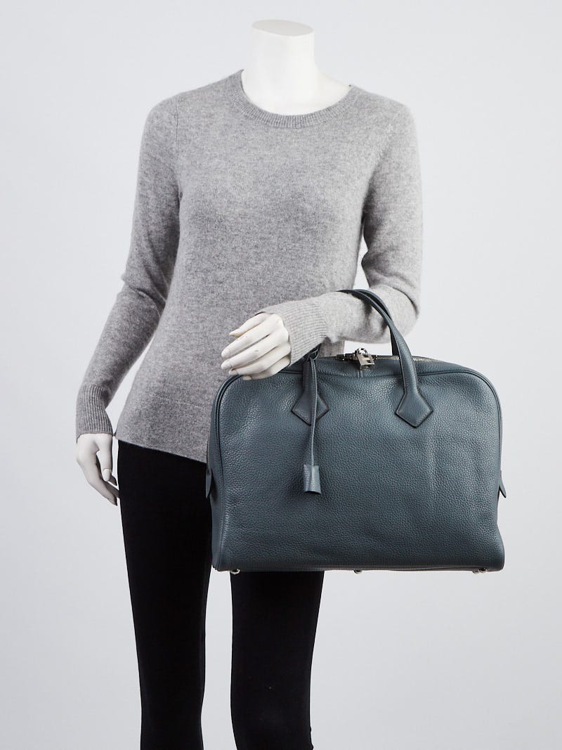 Hermes 40cm Blue Orage Clemence Leather Palladium Plated Victoria