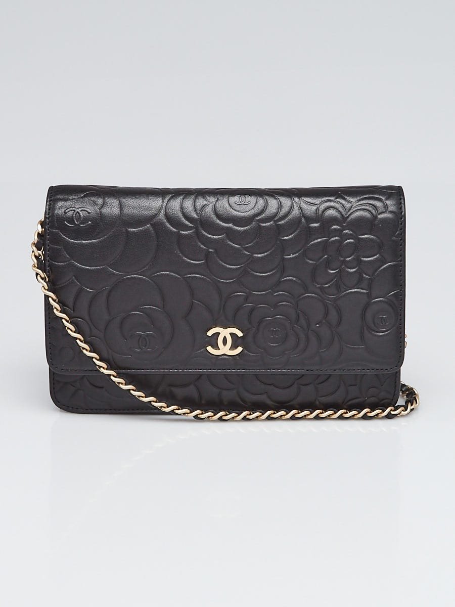 Chanel Black Camellia Embossed Lambskin Leather WOC Clutch Bag - Yoogi's  Closet
