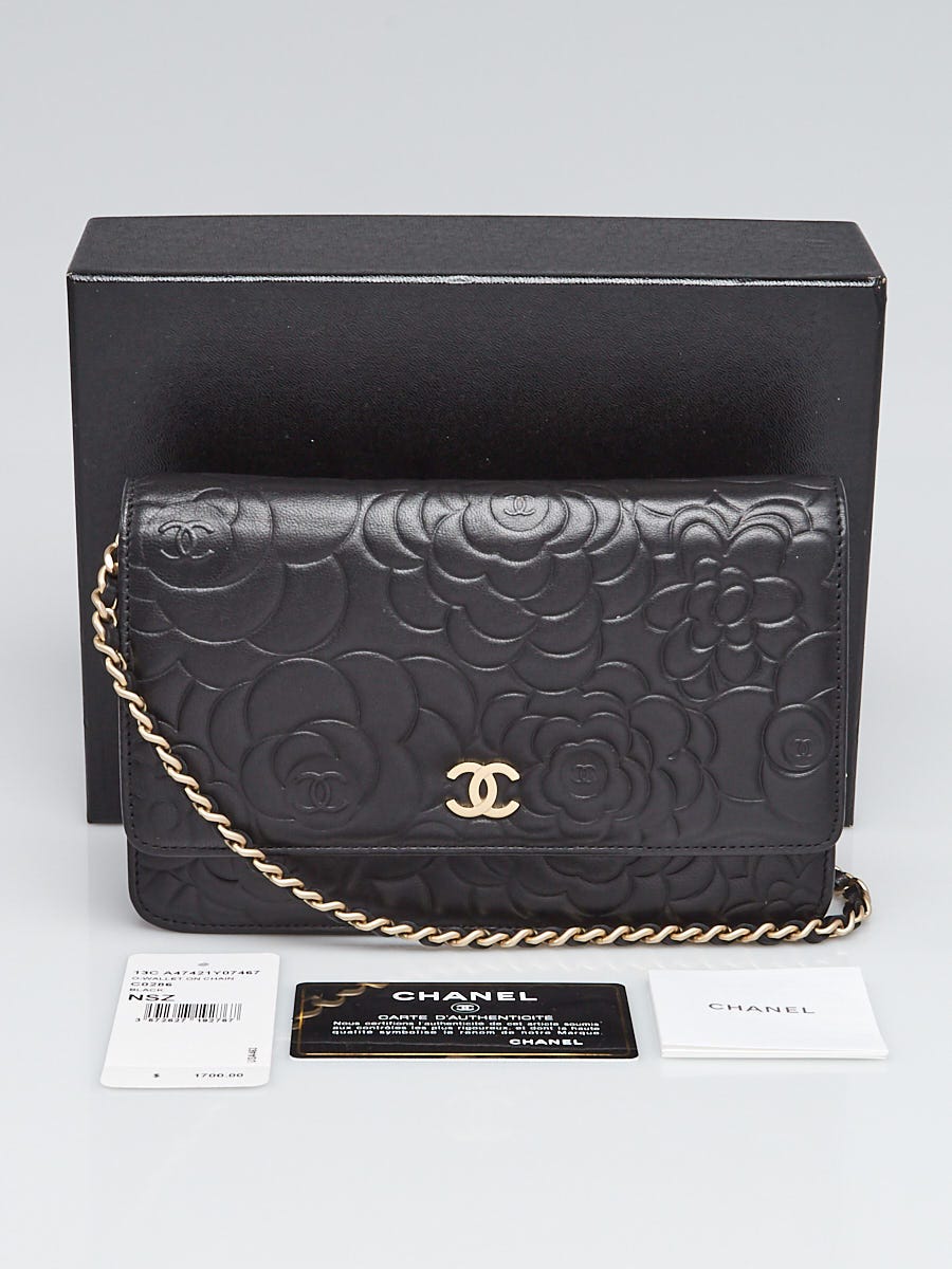 Chanel Black Camellia Embossed Lambskin Leather WOC Clutch Bag