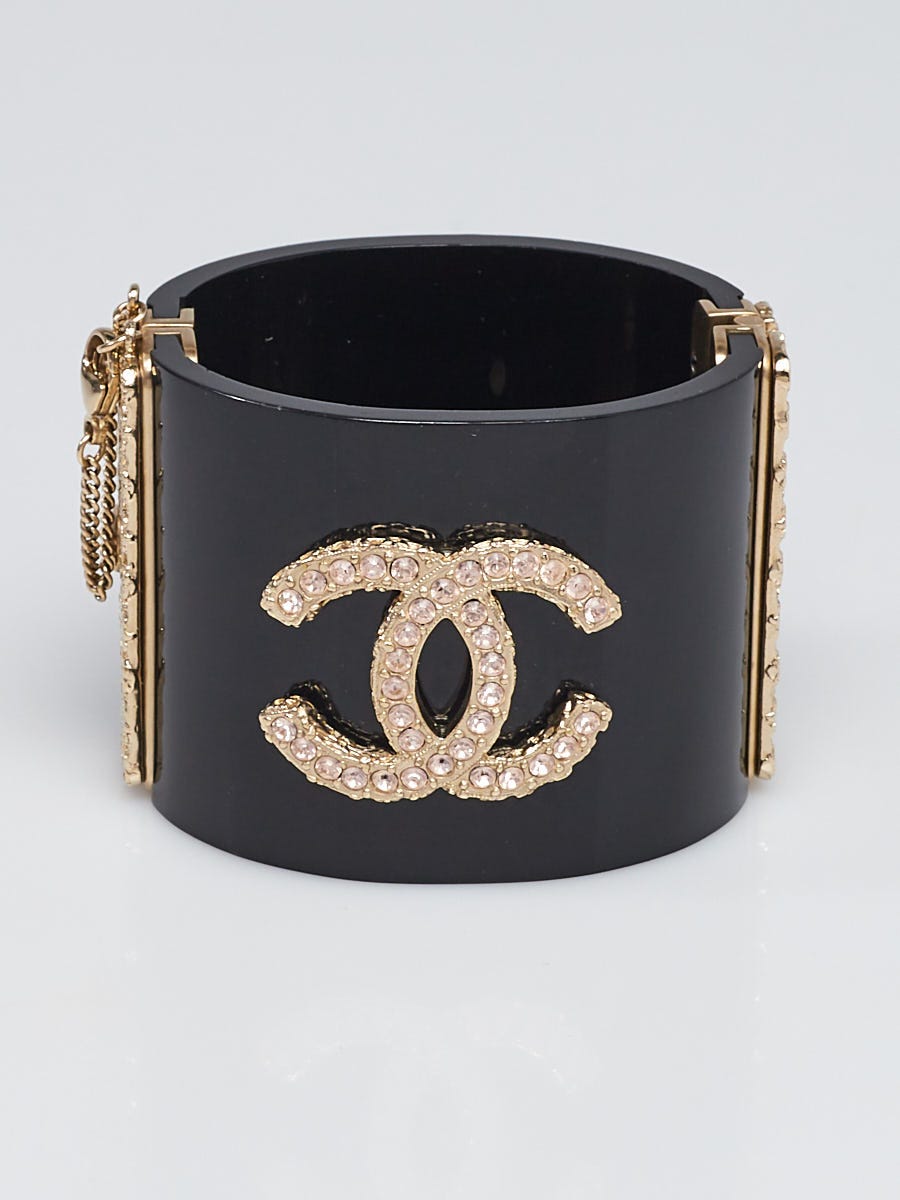 Chanel Black Resin and Crystal CC Wide Cuff Bracelet - Yoogi's Closet