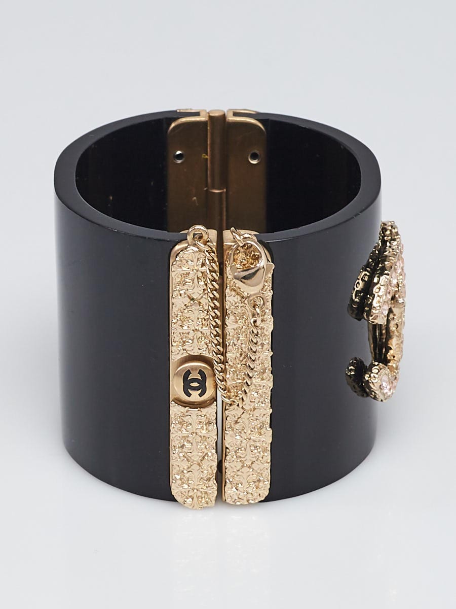 Chanel Black Resin and Crystal CC Wide Cuff Bracelet - Yoogi's Closet