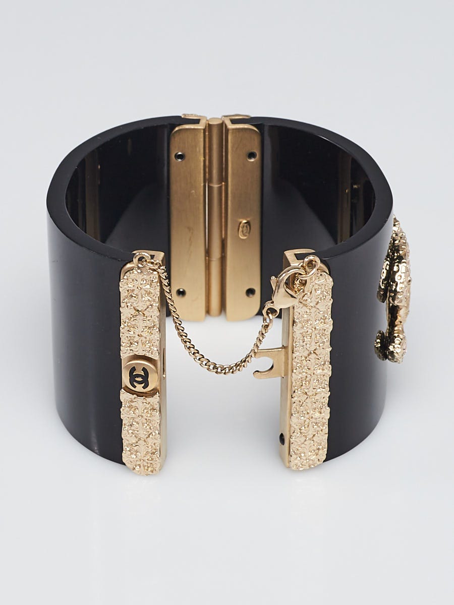 Chanel Black Resin and Crystal CC Wide Cuff Bracelet - Yoogi's Closet