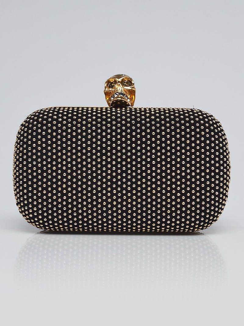 Alexander McQueen Black/Gold Leather Studded Clutch Skull Box Clutch Bag