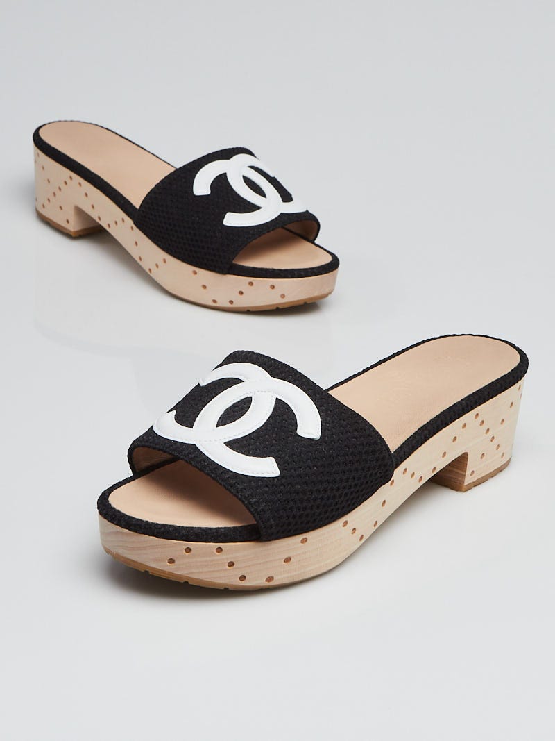 Chanel Black Canvas CC Slide Mules Size 8/38.5 - Yoogi's Closet