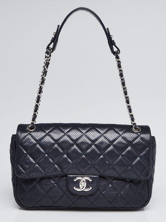 Chanel Navy Blue Quilted Perforated Leather Jumbo Flap Bag