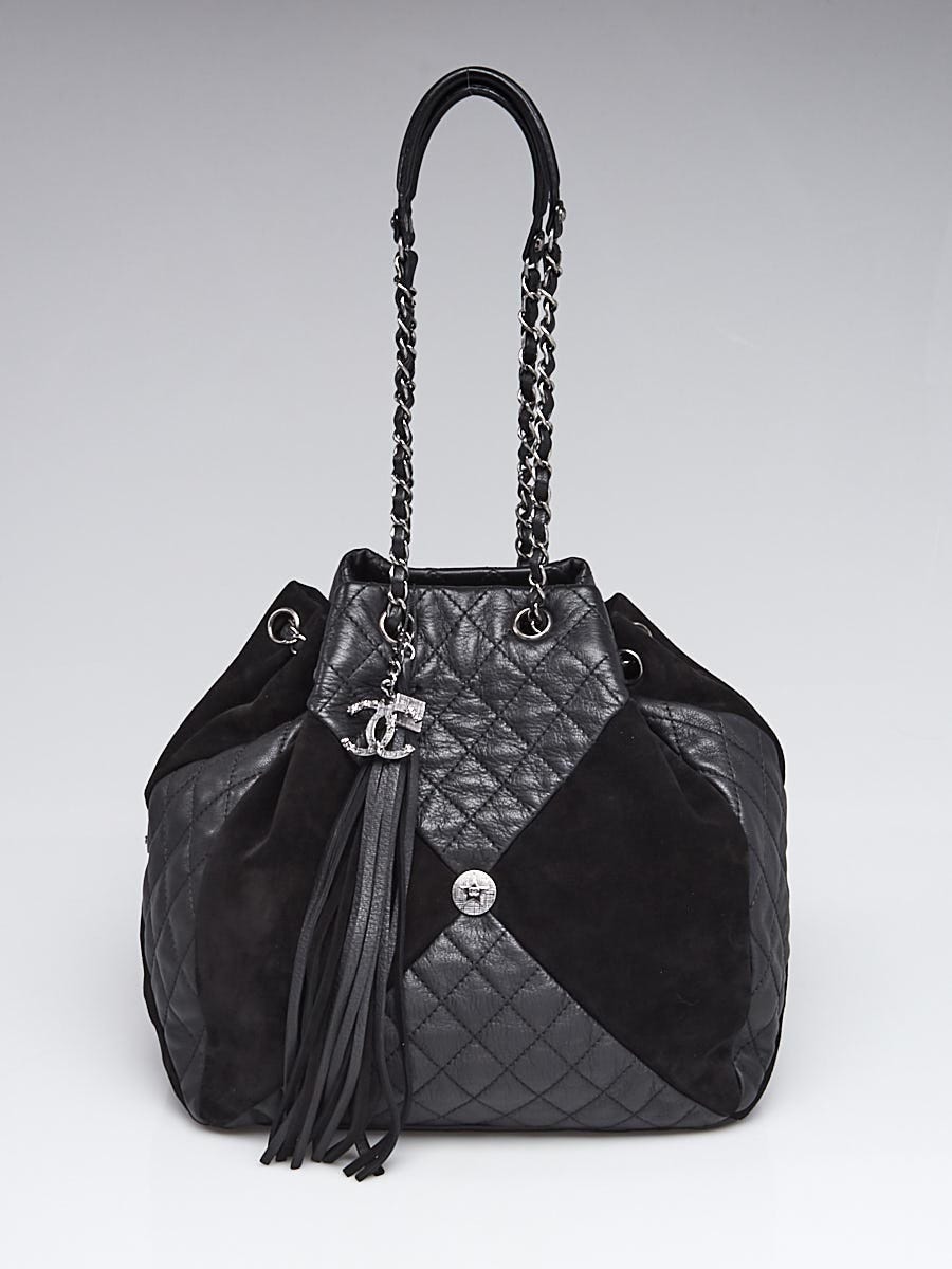 Chanel Black Quilted Leather and Suede Patchwork Drawstring Bag