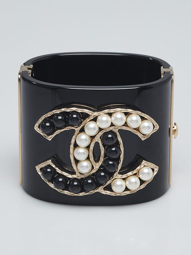 Chanel Black Resin Faux Pearl CC Wide Cuff Bracelet