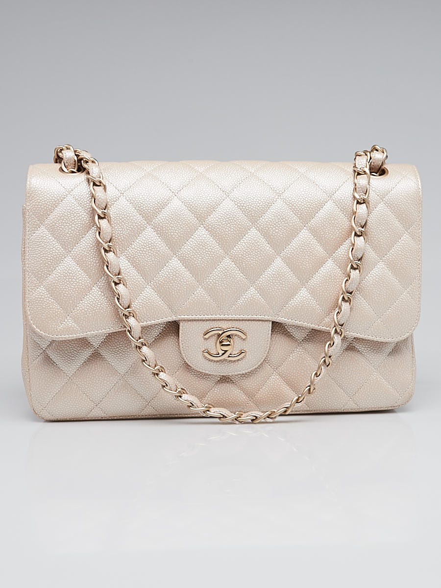 Chanel Pearl White Quilted Caviar Leather Classic Jumbo Double