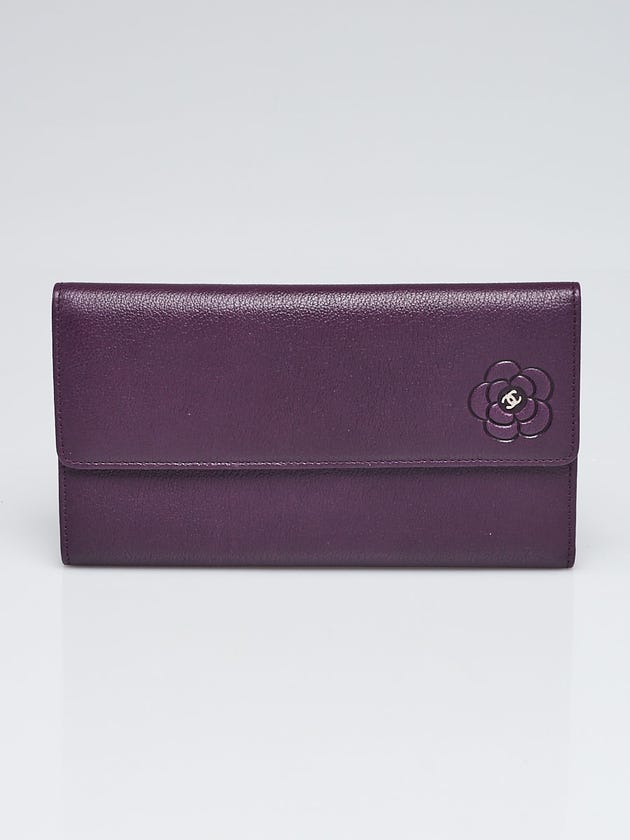 Chanel Purple Leather Camellia Long Flap Wallet