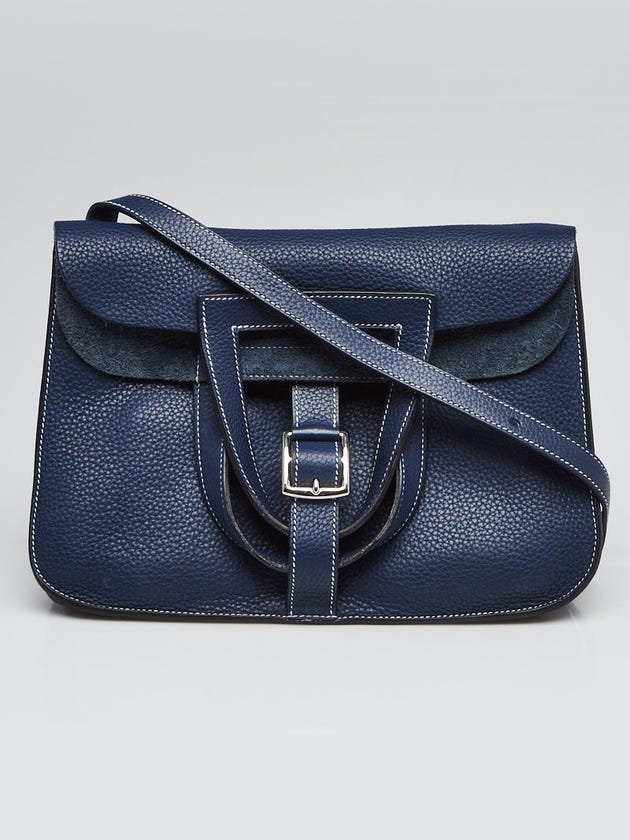Hermes 31cm Bleu Nuit Clemence Leather Palladium Plated Halzan Bag 