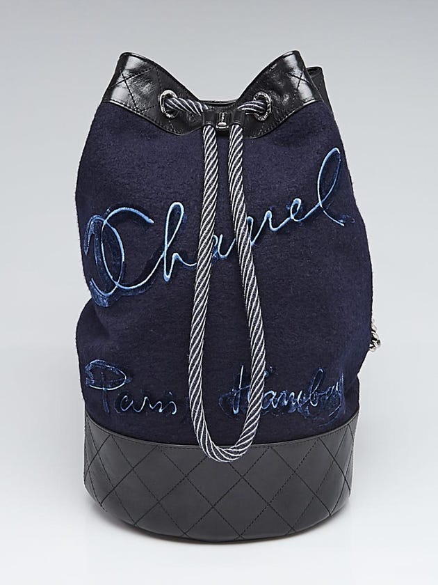 Chanel Navy Blue Wool and Black Leather Paris-Hamburg Sling Backpack Bag