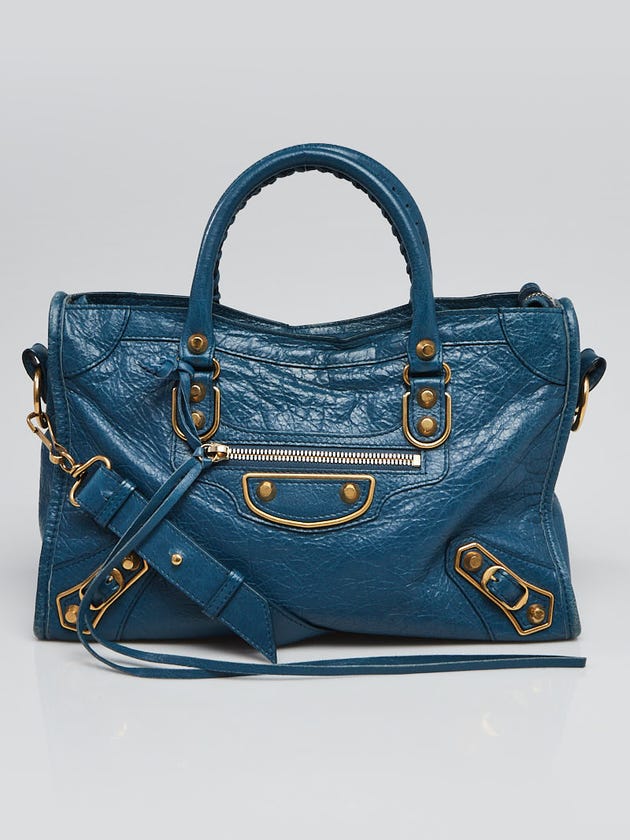 Balenciaga Bleu Abyss Lambskin Leather Metallic Edge City S Bag