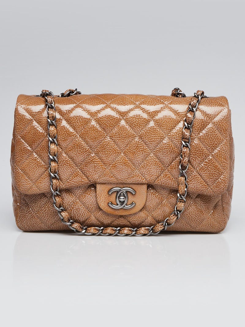 Chanel Camel Quilted Crinkled Patent Leather Classic Jumbo Single Flap Bag   Yoogis Closet