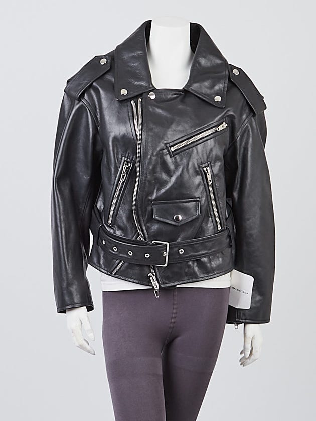 Balenciaga Black Calfskin Leather Swing Biker Jacket Size 8/40
