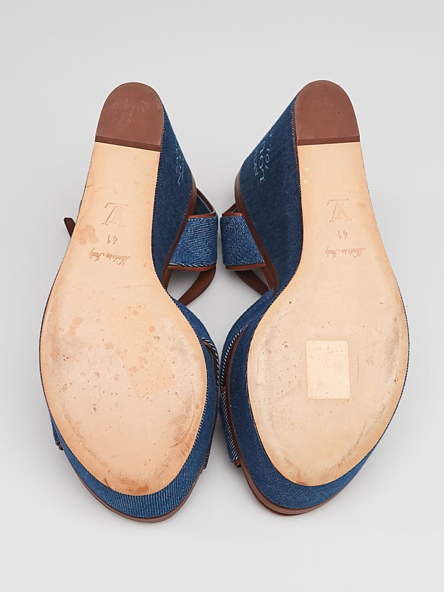 Louis Vuitton Blue/Brown Denim And Leather Wedge Slingback Sandals