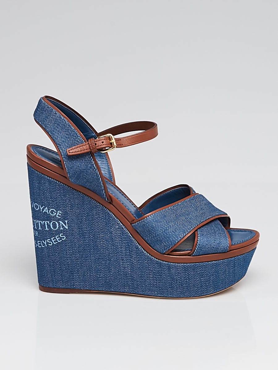 Louis Vuitton LV Logo Denim Wedge Sandals Blue Indigo Size 36.5