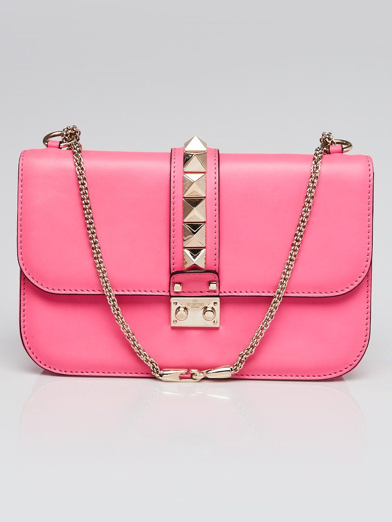 Valentino Pink/White Smooth Leather Rockstud Glam Lock Medium Flap Bag