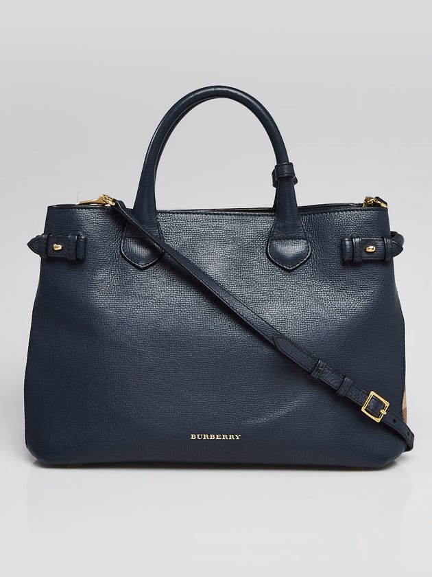 Burberry Navy Blue Pebble Leather House Check Medium Banner Tote Bag
