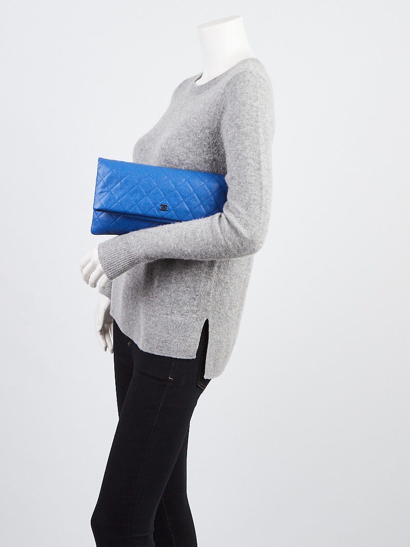Chanel Blue Quilted Caviar Leather Foldover Clutch Bag - Yoogi's Closet