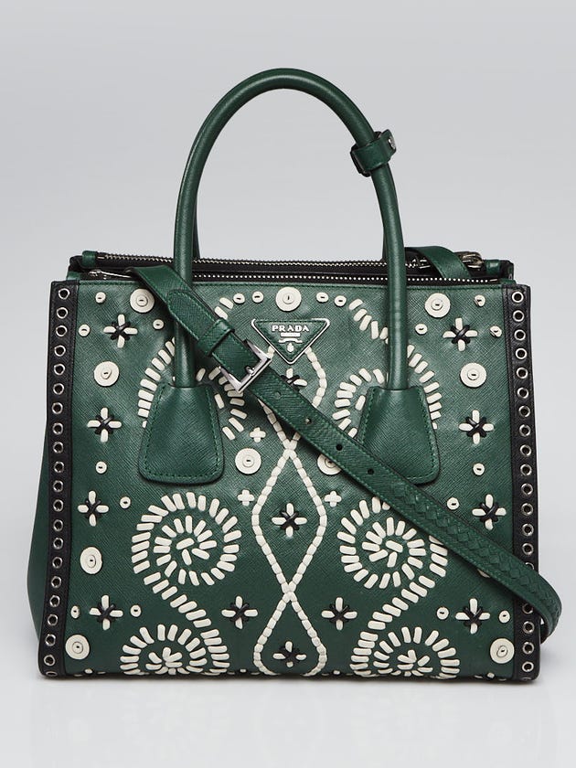 Prada Green Saffiano Leather Embroidered Twin Pocket Double Handle Tote Bag
