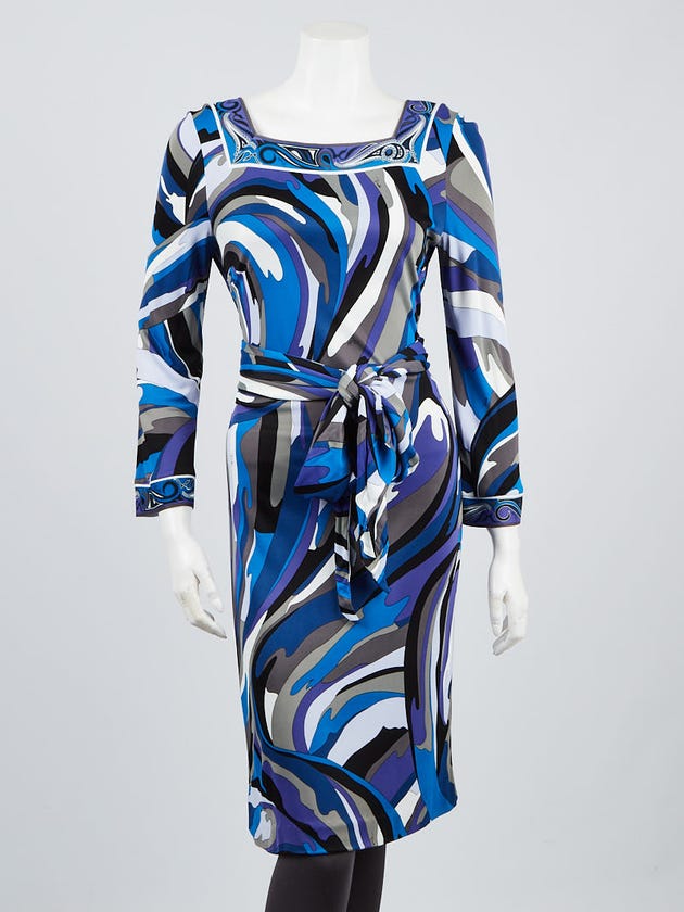Emilio Pucci Blue Geometric Print Viscose Blend Belted Dress Size 12/46