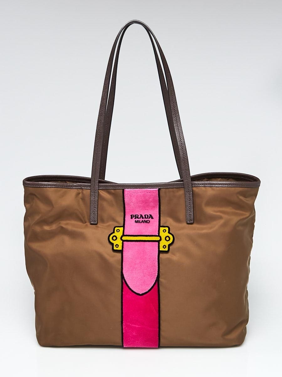 Prada Brown Tessuto Nylon Ricamo Shopping tote Bag | Yoogi's
