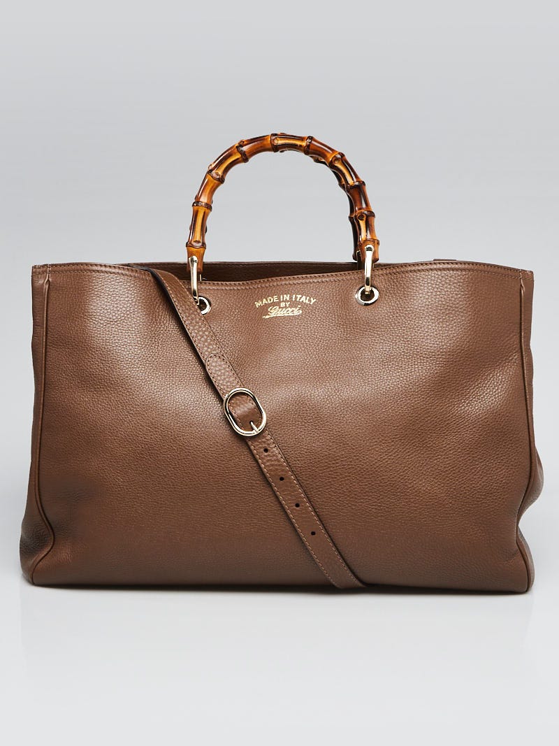 Gucci Brown Pebbled Leather Bamboo Top Handle Large Tote Bag
