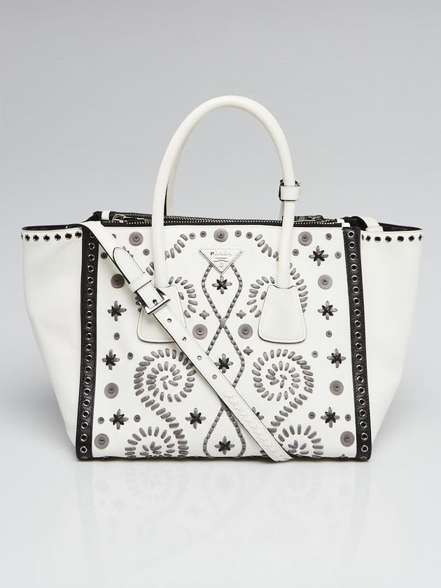 Prada White Saffiano Leather Embroidered Twin Pocket Double Handle Tote Bag 