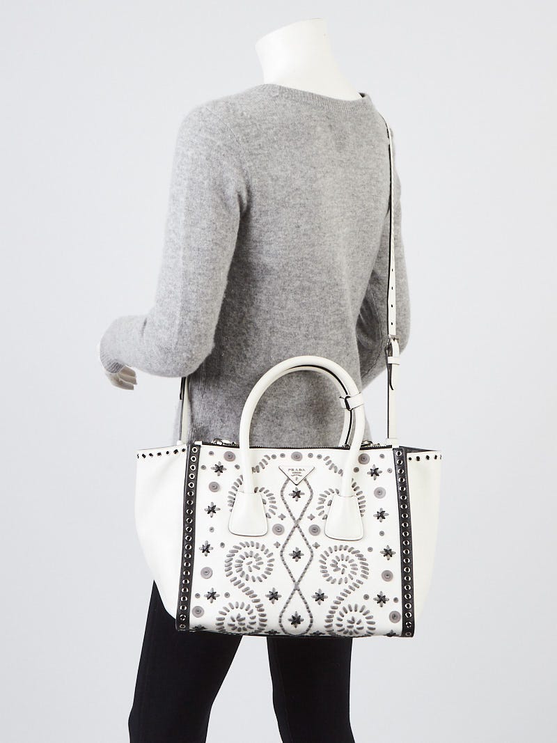 Prada White Saffiano Leather Embroidered Twin Pocket Double