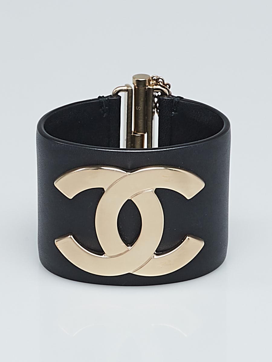 Chanel Black Leather and Goldtone CC Cuff Bracelet - Yoogi's Closet