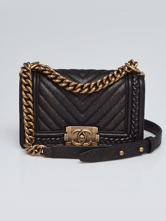 Chanel Black/Brown Chevron Quilted Leather Braided Small Boy Bag