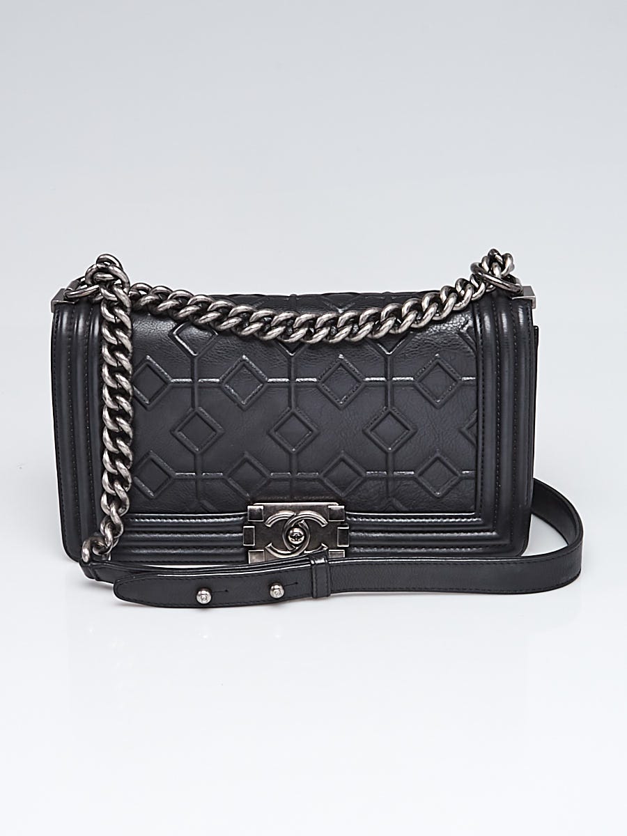 Chanel Black Embossed Calfskin Leather Medium Boy Bag