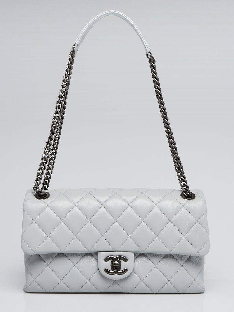 Chanel Light Grey Quilted Sheepskin Leather Burgundy Rocks Medium Flap Bag