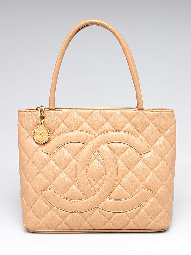 Chanel Beige Quilted Caviar Leather Medallion Tote Bag 