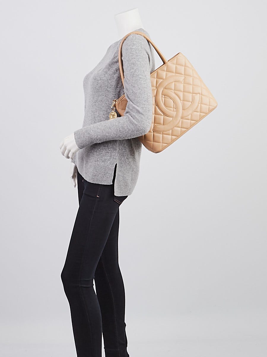 Chanel Beige Quilted Caviar Leather Medallion Tote Bag - Yoogi's Closet