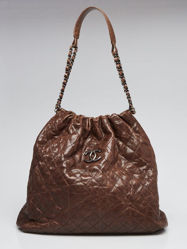 Chanel Khaki Quilted Glazed Distressed Caviar Leather Elastic CC Large Shoulder Bag