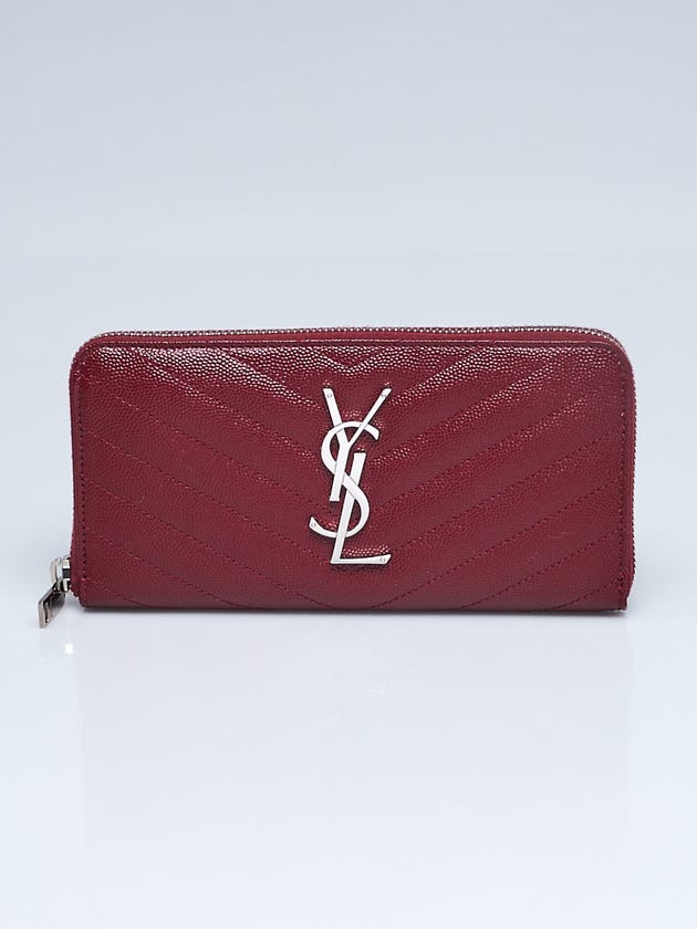 Yves Saint Laurent Deep Red Chevron Quilted Grained Leather Metalasse Zippy Wallet
