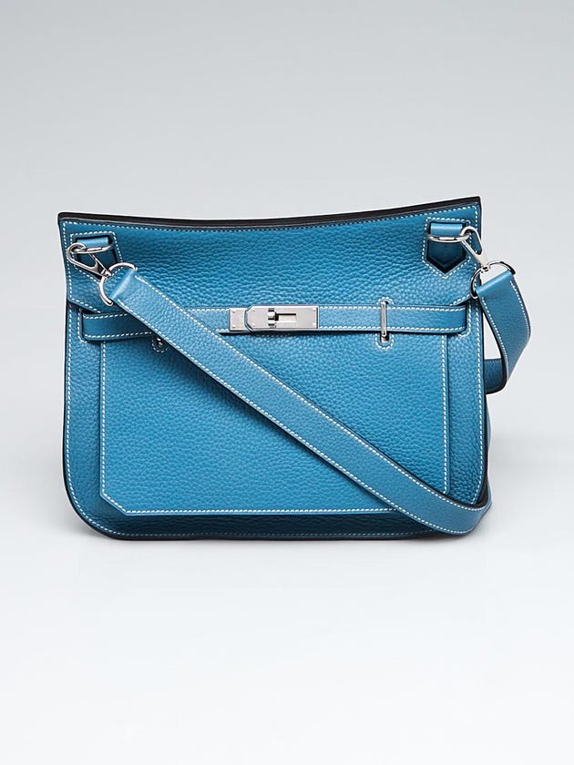 Hermes 28cm Blue Jean Clemence Leather Palladium Plated Jypsiere Bag