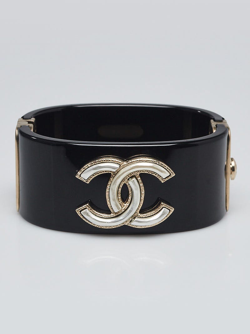 Chanel Black Resin and CC Wide Cuff Bracelet - Yoogi's Closet