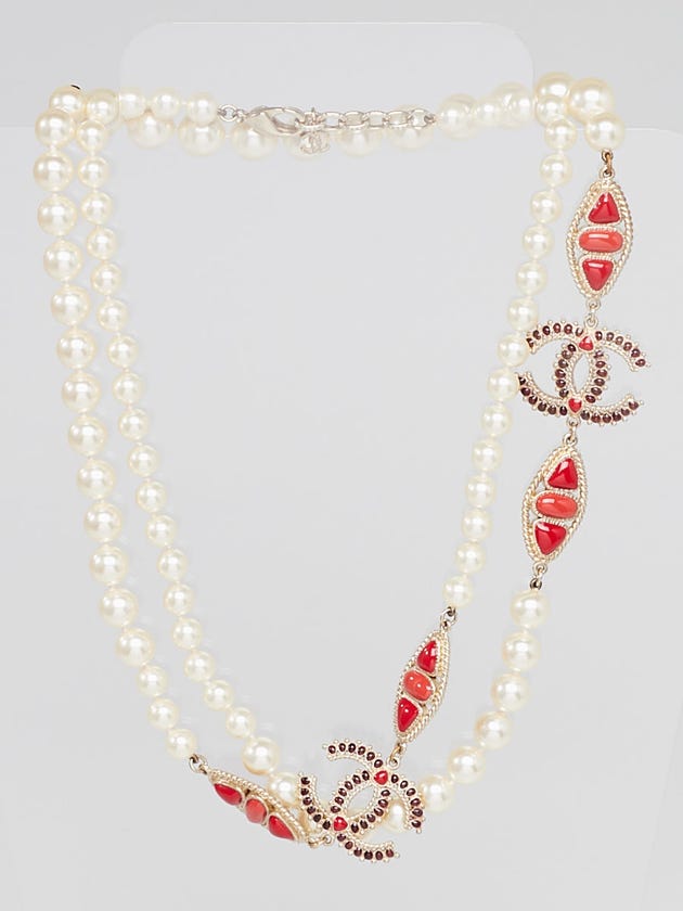 Chanel Faux Pearl and Red Resin CC Long Necklace