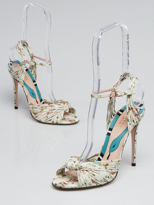 Gucci White Floral Print Leather Open Toe Ankle Wrap Sandals Size 7.5/38
