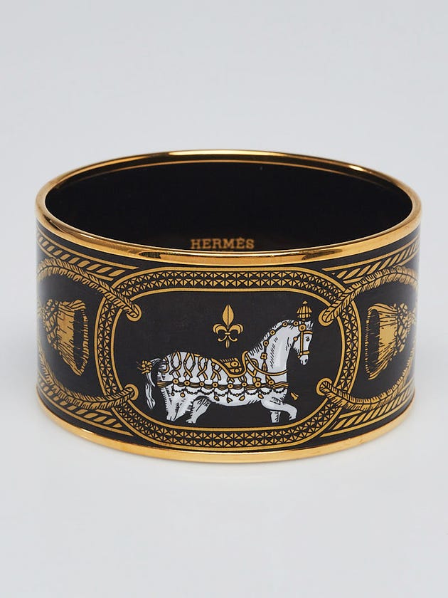 Hermes Black/Gold Grand Apparat Printed Enamel Gold Plated Extra Wide Bangle Bracelet