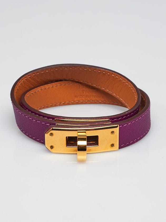 Hermes Ultraviolet Swift Leather Gold Plated Kelly Double Tour Bracelet Size M
