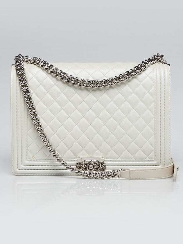 Chanel Pearl White Quilted Lambskin Leather Large Boy Bag