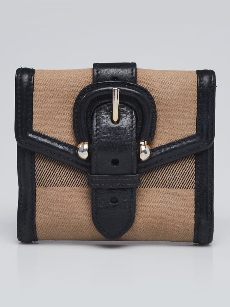 Burberry Black Leather House Check Canvas Compact Wallet