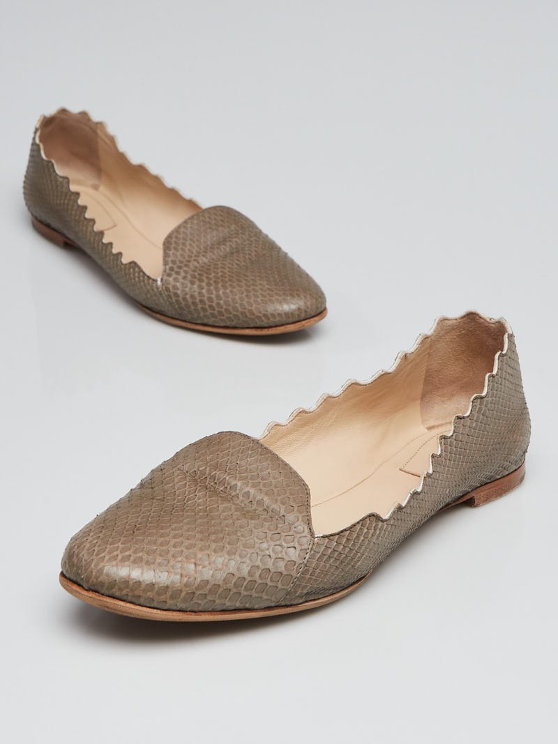 Chloe Grey Snakeskin Scalloped Ballet Flats Size 8/38.5